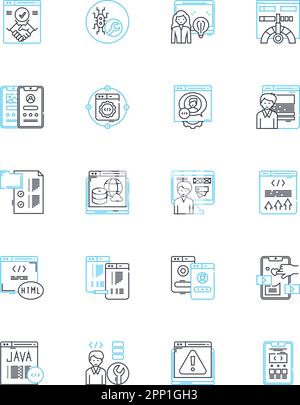 Coder linear icons set. Program, Algorithm, Syntax, Debugging ...