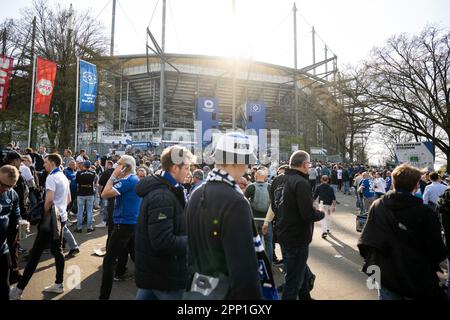 Hamburg, Germany. 21st Apr, 2023. Soccer: 2. Bundesliga, Hamburger SV - FC St. Pauli, 29. matchday, Volksparkstadion. Fans of Hamburger SV arrive at the stadium before the match. Credit: Daniel Reinhardt/dpa/Alamy Live News Stock Photo