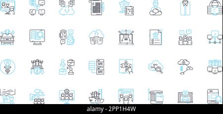 Knowledge management linear icons set. Retrieval, Collaboration, Sharing, Organization, Transfer, Innovation, Assessment line vector and concept signs Stock Vector
