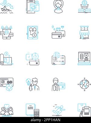 Small business loans linear icons set. Funding, Capital, Finance, Credit, Lending, Borrowing, Investment line vector and concept signs. Relief,Support Stock Vector