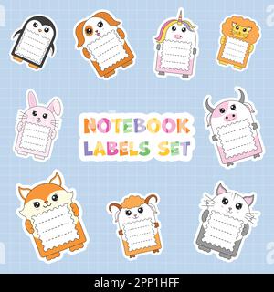 Cute Animal Notebook Label Set On Blue Checkered Background. Stock Vector