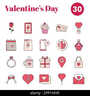 30 Valentine's Day Celebration Icon Set In Flat Style. Stock Vector