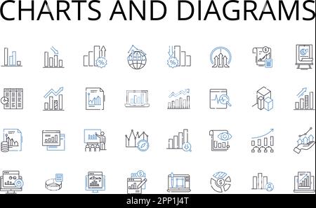 Charts and diagrams line icons collection. Numbers figures, Maps blueprints, Facts statistics, Information data, Numbers digits, Tables grids Stock Vector