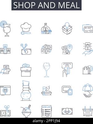 Shop and meal line icons collection. hop, Store, Boutique, Market, Emporium, Outlet, Establishment vector and linear illustration. Bazaar,Mart Stock Vector
