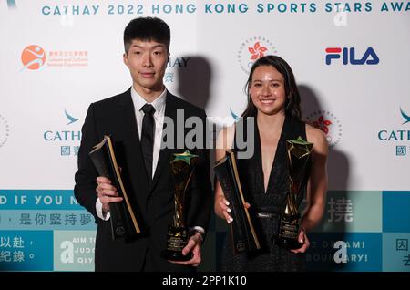 CATHAY Best of the Best HONG KONG SPORTS STARS AWARDS  winners: fencer Edgar Cheung Ka-long (left) and  swimmer Siobhan Bernadette Haughey pose for a photo after the award-presentation ceremony at the Hong Kong Convention & Exhibition Centre in Wan Chai. 18APR23 SCMP/Yik Yeung-man Stock Photo