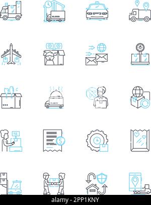 Warehouse operations linear icons set. Inventory, Loading, Unloading, Picking, Packing, Shipping, Receiving line vector and concept signs. Stacking Stock Vector