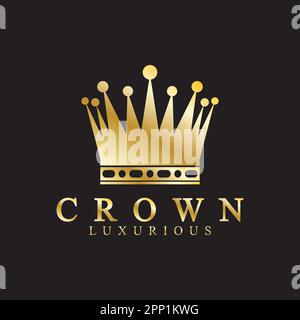 Gold crown icons. Queen king golden crowns luxury Logo Design Vector on black background Stock Vector
