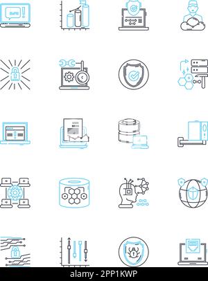 Malware detection linear icons set. Virus, Trojan, Spyware, Malware, Ransomware, Adware, Botnet line vector and concept signs. Worm,Rootkit,Keylogger Stock Vector