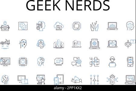 Geek nerds line icons collection. Brainiacs, Savants, Technophiles, Intellects, Cognoscenti, Brainy bunch, Know-it-alls vector and linear illustration Stock Vector