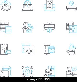 Virtual commerce linear icons set. E-commerce, Online shopping, Webstores, Digital marketing, Internet retail, Remote transactions, Virtual Stock Vector