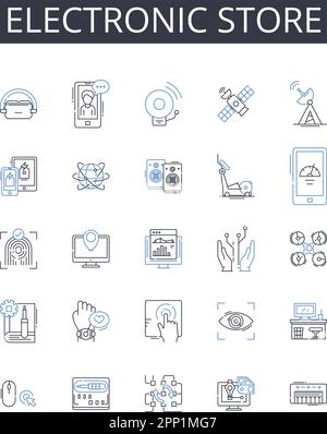 Electronic store line icons collection. Gadget shop, Tech store, Device retailer, Digital emporium, Computer mart, Multimedia outlet, Audiovisual Stock Vector