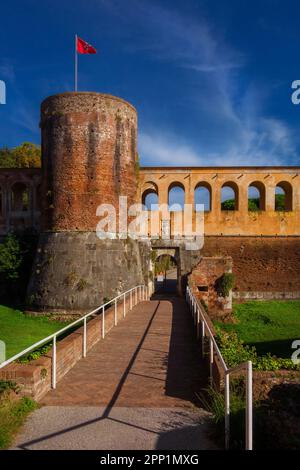 Pisa ancient walls public park with bridge, moat and tower with old city red flag symbol of the medieval republic Stock Photo