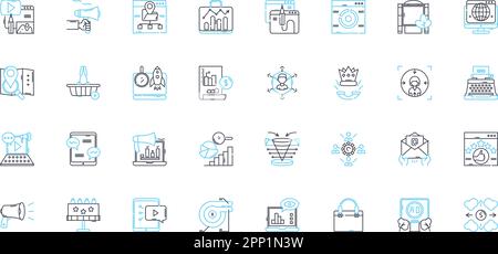 Social analytics linear icons set. Metrics, Engagement, Insights, Performance, Influencers, Sentiment, Followers line vector and concept signs. Viral Stock Vector