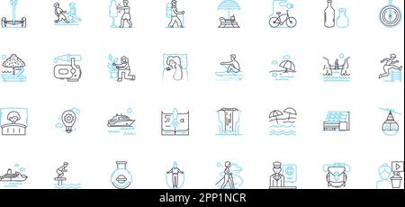 Adventure trip linear icons set. Hiking, Camping, Kayaking, Climbing, Rafting, Trekking, Biking line vector and concept signs. Wildlife,Scuba Stock Vector