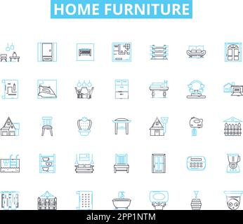 Home Furniture linear icons set. Couch, Sofa, Bed, Chair, Table, Cabinet, Ottoman line vector and concept signs. Recliner,Mattress,Desk outline Stock Vector