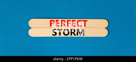 Perfect storm symbol. Concept words Perfect storm on beautiful wooden stick. Beautiful blue table blue background. Business and Perfect storm concept. Stock Photo