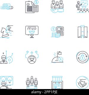 Business merger linear icons set. Consolidation, Merger, Acquisition, Takeover, Integration, Synergy, Efficiency line vector and concept signs Stock Vector
