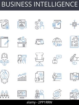 Business Intelligence line icons collection. Market Analysis, Competitive Insights, Data Analytics, Information Management, Knowledge Acquisition Stock Vector