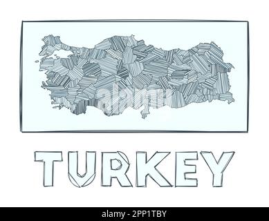 Sketch map of Turkey. Grayscale hand drawn map of the country. Filled regions with hachure stripes. Vector illustration. Stock Vector