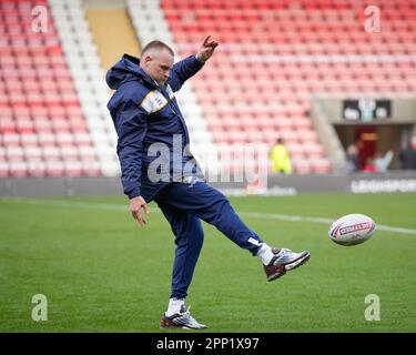 Blake Austin #6 of Leeds Rhinos kicks a ball as he inspects the pitch before the Betfred Super League Round 10 match Leigh Leopards vs Leeds Rhinos at Leigh Sports Village, Leigh, United Kingdom, 21st April 2023  (Photo by Steve Flynn/News Images) Stock Photo