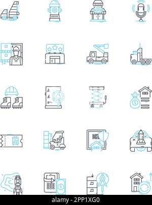 Building design linear icons set. Architecture, Blueprint, Facade, Elevation, Structural, Conceptual, Aesthetic line vector and concept signs. Form Stock Vector