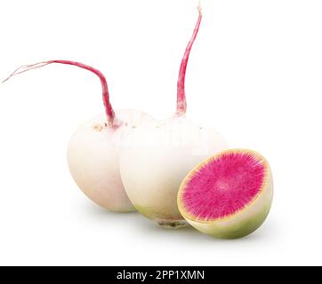Isolated watermelon radishes. Two whole watermelon radish with a half isolated on white background with clipping path Stock Photo
