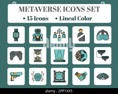 Flat Style Metaverse 15 Icon Set On White And Teal Square Background. Stock Vector