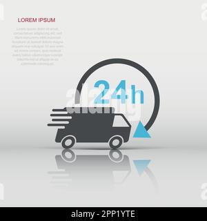 Vector delivery truck 24h icon in flat style. 24 hours fast delivery service shipping sign illustration pictogram. Car van business concept. Stock Vector