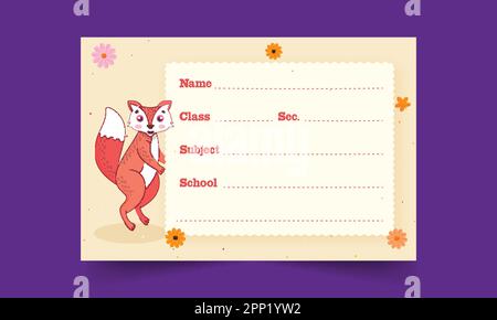 Cartoon Fox Animal With Flower Decorative Notebook Label Or Name Tag On Purple Background. Stock Vector