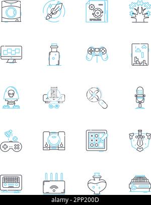 Console market linear icons set. Playstation, Xbox, Nintendo, Gaming, Hardware, Software, Entertainment line vector and concept signs. Immersive Stock Vector