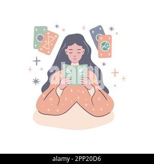 Young girl is reading book about magic and tarot cards. The concept of divination, numerology and predictions. Modern flat design on white background Stock Vector