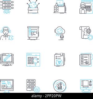 Online promotion linear icons set. Marketing, Advertising, Branding, Lead generation, Social media, Content creation, SEO line vector and concept Stock Vector