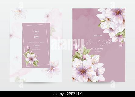 Watercolor cherry blossoms blooming invitation template cards set. Pink collection watercolor flowers vector is suitable for Wedding invitations, save Stock Vector