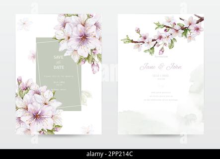 Watercolor cherry blossoms blooming invitation template cards set. Green collection watercolor flowers vector is suitable for Wedding invitations, sav Stock Vector