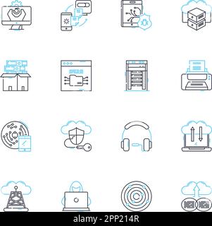 Digital communication linear icons set. Messaging, Email, Social media, Chatting, Chatbots, Video, Conference line vector and concept signs. Emailing Stock Vector