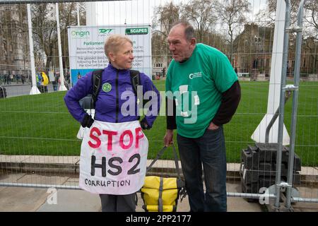 Westminster, London, UK. 21st April, 2023. Nellie the White Elephant from Stop HS2 joined the Extinction Rebellion, The Big One, Unite to Survive protesters in London today. The HS2 High Speed Rail link is hugely over budget as the tunnelling for Euston has been put on hold for financial reasons. Credit: Maureen McLean/Alamy LIve News Stock Photo
