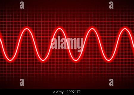 Abstract neon red cosine curve pattern on dark oscilloscope digital screen. Electric ac waves oscillating. Digital equalizer. Scientific experiment. S Stock Vector