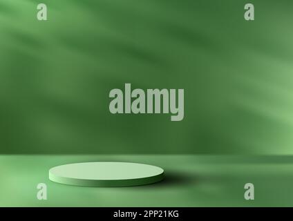 3D realistic empty green podium stand studio room background and leaf shadow. You can use for product presentation, cosmetic display mockup, showcase, Stock Vector