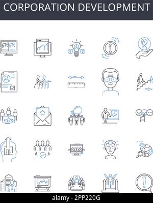 Corporation development line icons collection. Business expansion, Company growth, Entrepreneurship evolution, Enterprise progress, Firm enhancement Stock Vector