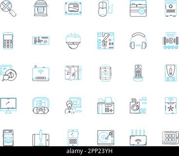 Computer gear linear icons set. Keyboard, Mouse, Monitor, CPU, Graphics, Motherboard, RAM line vector and concept signs. Harddrive,Power,Case outline Stock Vector