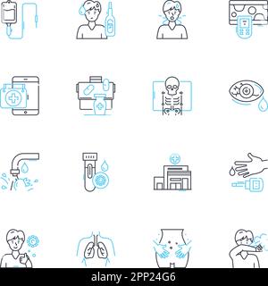 Viral eradication linear icons set. Antibiotics, Antivirals, Immunization, Treatment, Prophylaxis, Cure, Vaccination line vector and concept signs Stock Vector