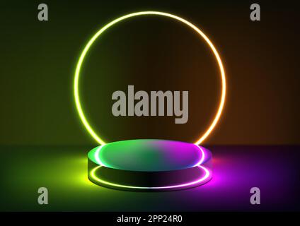 3D realistic technology digital cyberpunk podium display neon lighting with glow neon colors lines circle backdrop with lighting effect on dark blue b Stock Vector