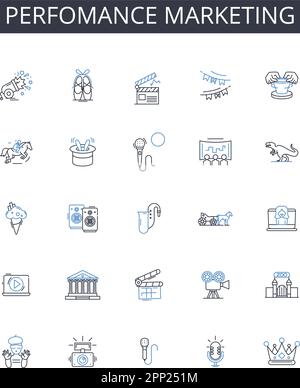 Perfomance marketing line icons collection. Digital advertising, Content marketing, Brand management, SEO optimization, Affiliate marketing, Email Stock Vector