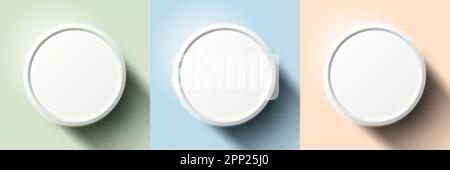 Set of 3D top view white circles round podium isolated on pastel colors background. Circular frame border. You can use for badges, price tag, label, e Stock Vector