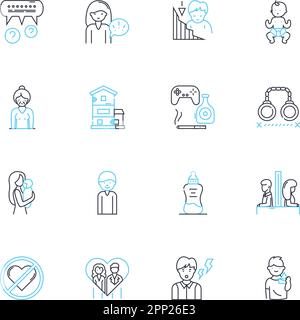 Social work linear icons set. Empathy, Advocacy, Reform, Equality, Empowerment, Intervention, Diversity line vector and concept signs. Outreach Stock Vector