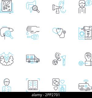 Health center linear icons set. Wellness, Fitness, Nutrition, Prevention, Treatment, Healing, Therapies line vector and concept signs. Rehabilitation Stock Vector