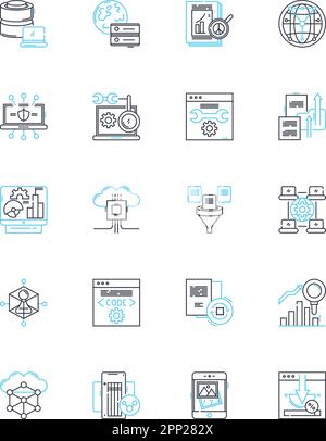 Performance metrics linear icons set. Evaluation, Analysis, Metrics, Progress, Success, Improvement, Efficiency line vector and concept signs. Measure Stock Vector