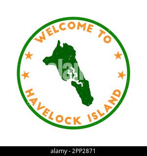 Welcome to Havelock Island stamp. Grunge island round stamp with texture in Mango Madness color theme. Vintage style geometric Havelock Island seal. A Stock Vector