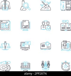 Academia linear icons set. Education, Research, Learning, Scholarship, Science, Teaching, Knowledge line vector and concept signs. Discovery Stock Vector