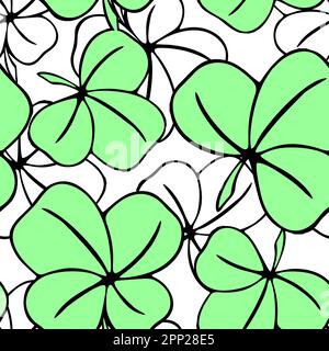 seamless asymmetric pattern of clover leaves in green and white colors and black contouros, design, texture Stock Photo